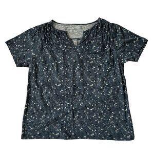 L.L. Bean Petite Floral Print Short Sleeve Top Navy Blue Size Medium Petite